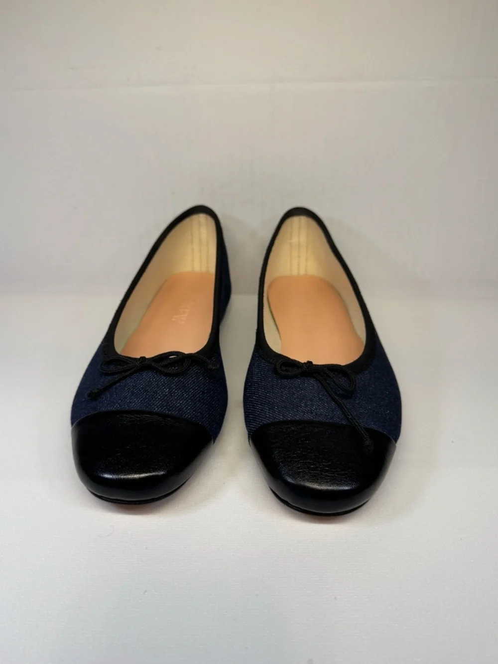 J.Crew Denim Ballet Flats Black Leather Cap Toe Bow Shoes Women's Size 9